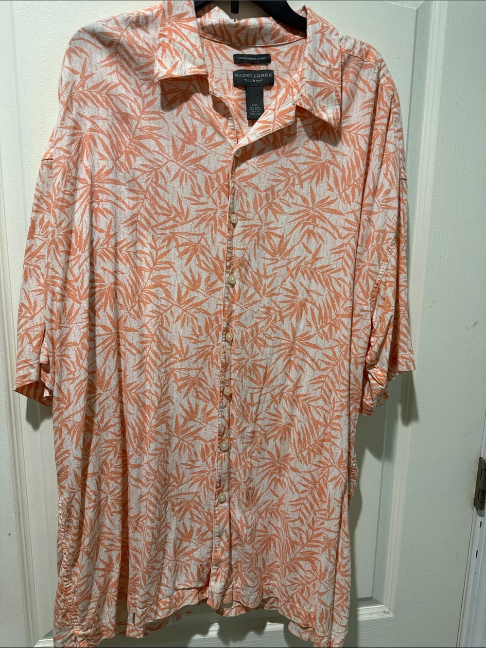 Saddlebred Cream and Orange Leaf-Print Short-Sleeve Button-Down Shirt